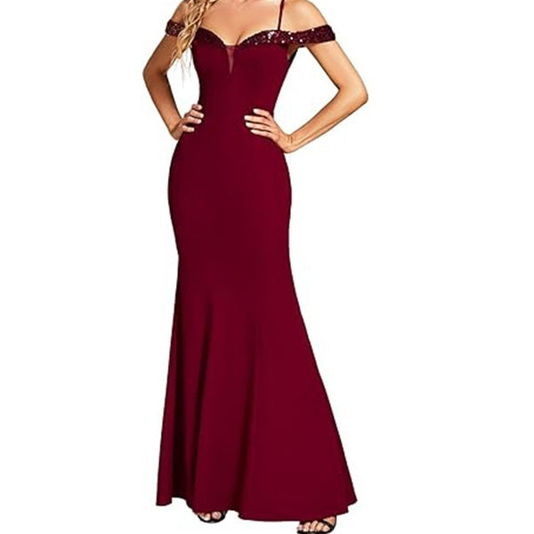 Vestido largo de noche con escote descubierto y tirantes para mujer