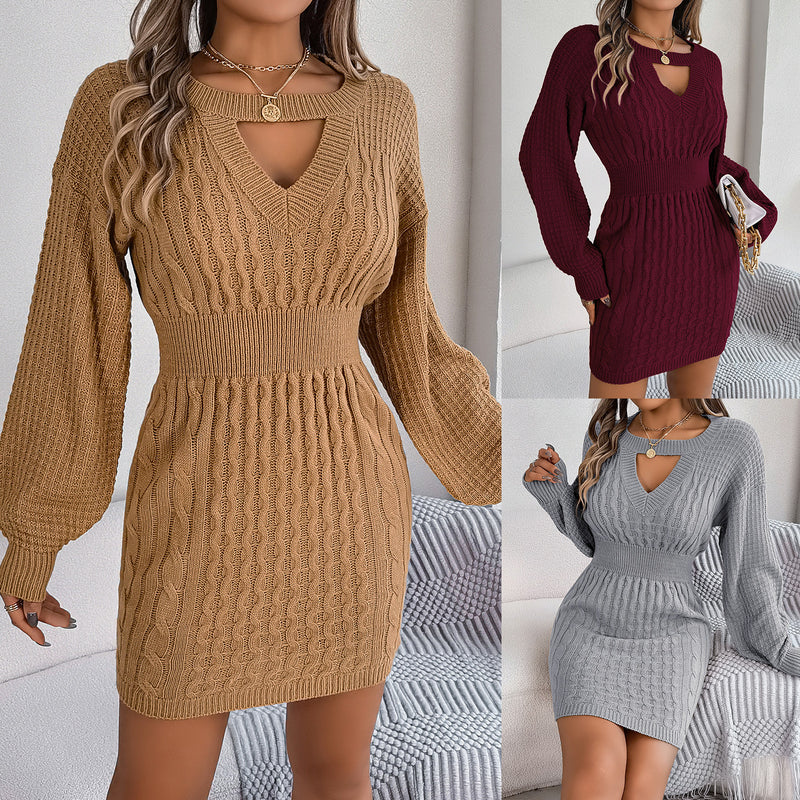 Lantern Sleeve Package Hip Sweater Dress - WOMONA.COM