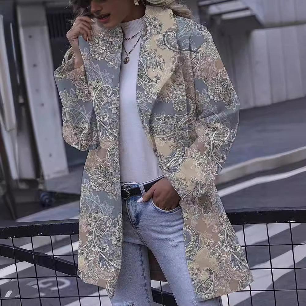 Women's patterned long top, light blue paisley print with button placket