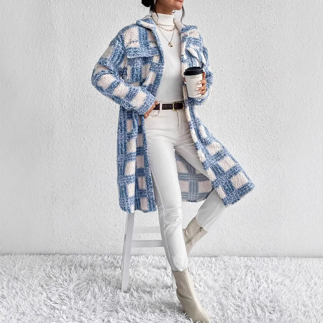 Women's Sky Blue Plaid Jacket with Flap Pockets