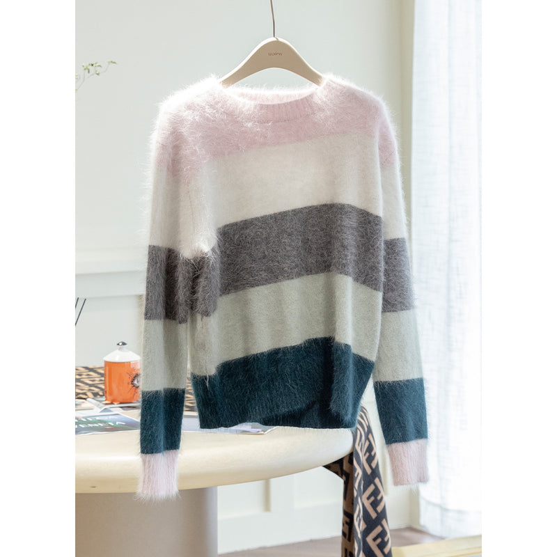 Loose Round Neck Contrast Large Striped Sweater - WOMONA.COM