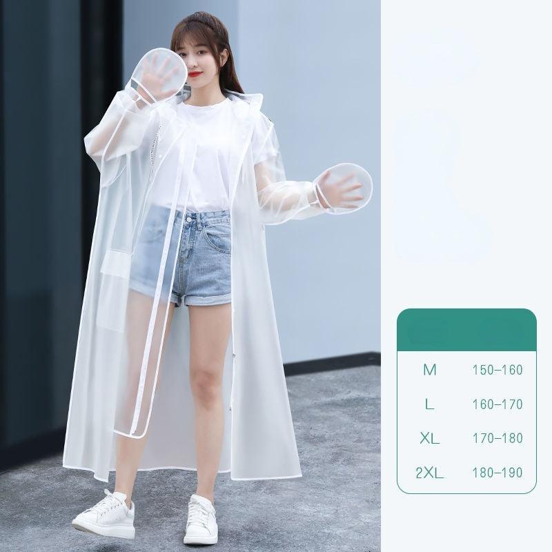 White long translucent hooded raincoat with button front and wide sleeves