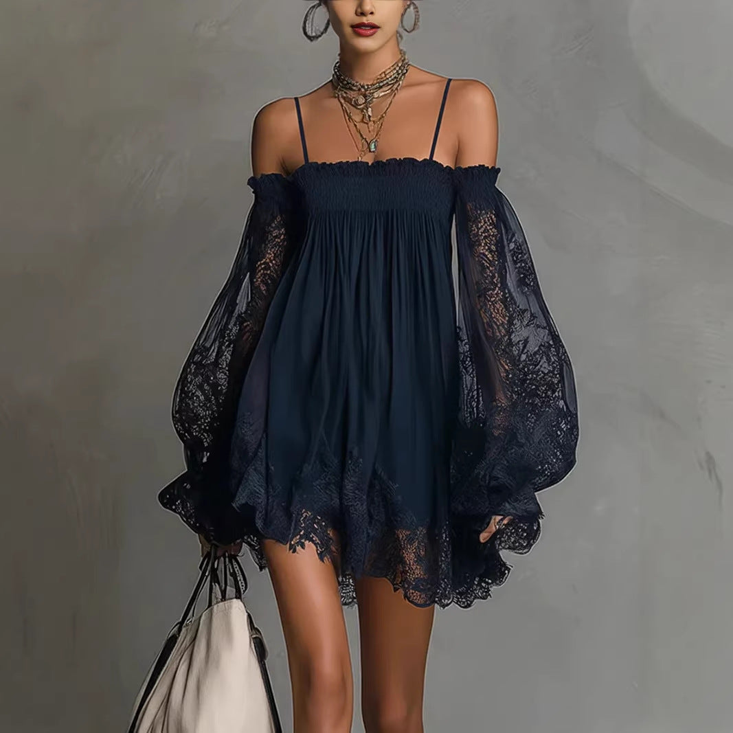 Dark navy off-shoulder mini slip dress with smocked bodice and lace puff sleeves