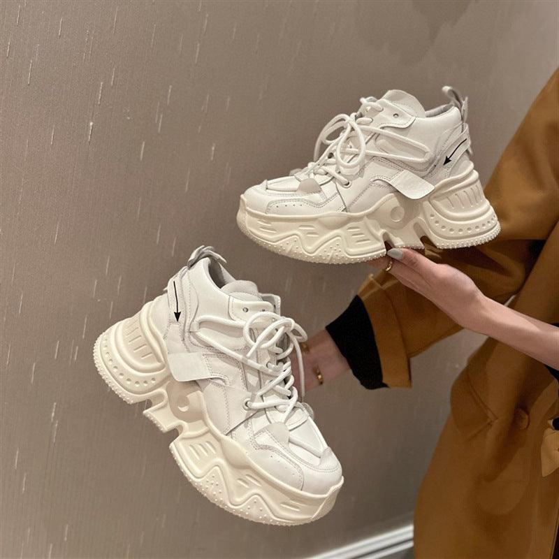 Women's white lace-up chunky sports sneakers with thick tread sole