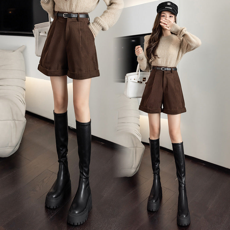 Brown Corduroy Shorts With Martin Boots For Women - WOMONA.COM