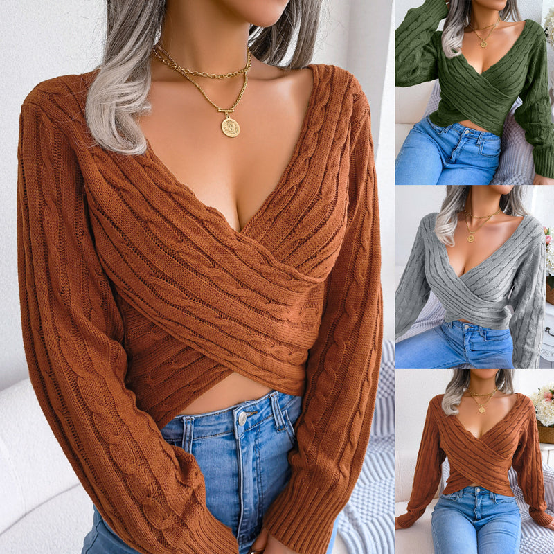 Cross V-neck Twist Long Sleeves Cropped Sweaters - WOMONA.COM