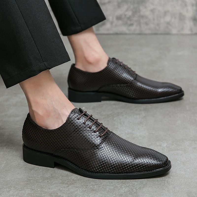 Men's black textured leather lace-up business shoes with rounded toe and low heel