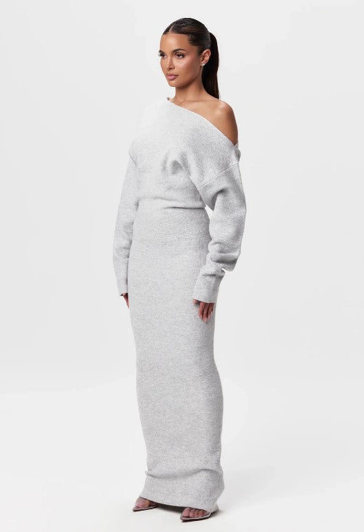 Women's off-shoulder long-sleeve knit maxi dress