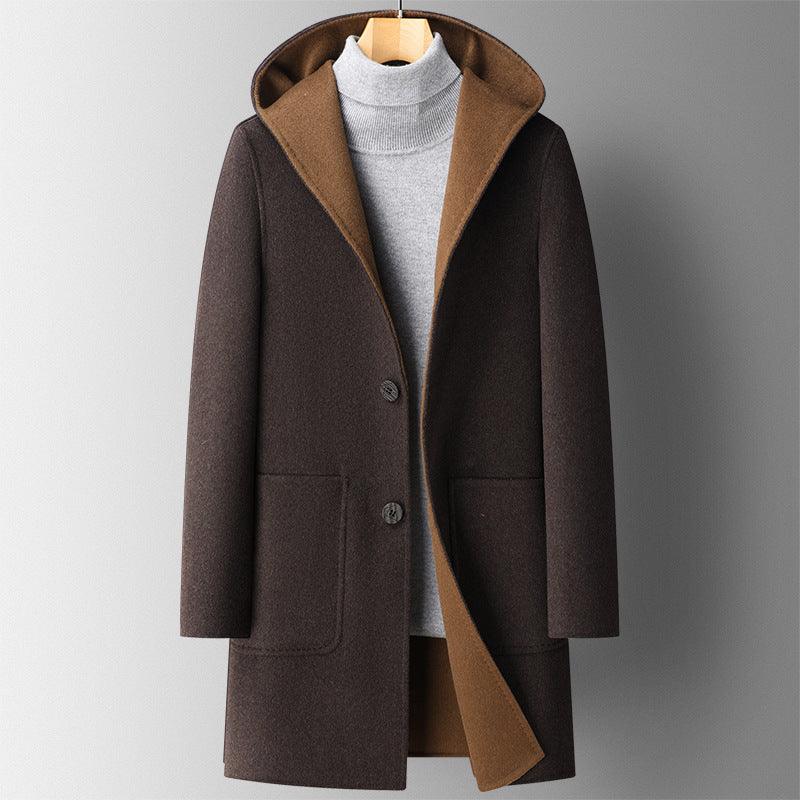 Fall Winter Hooded Double-sided Wear Wool Overcoat Men's