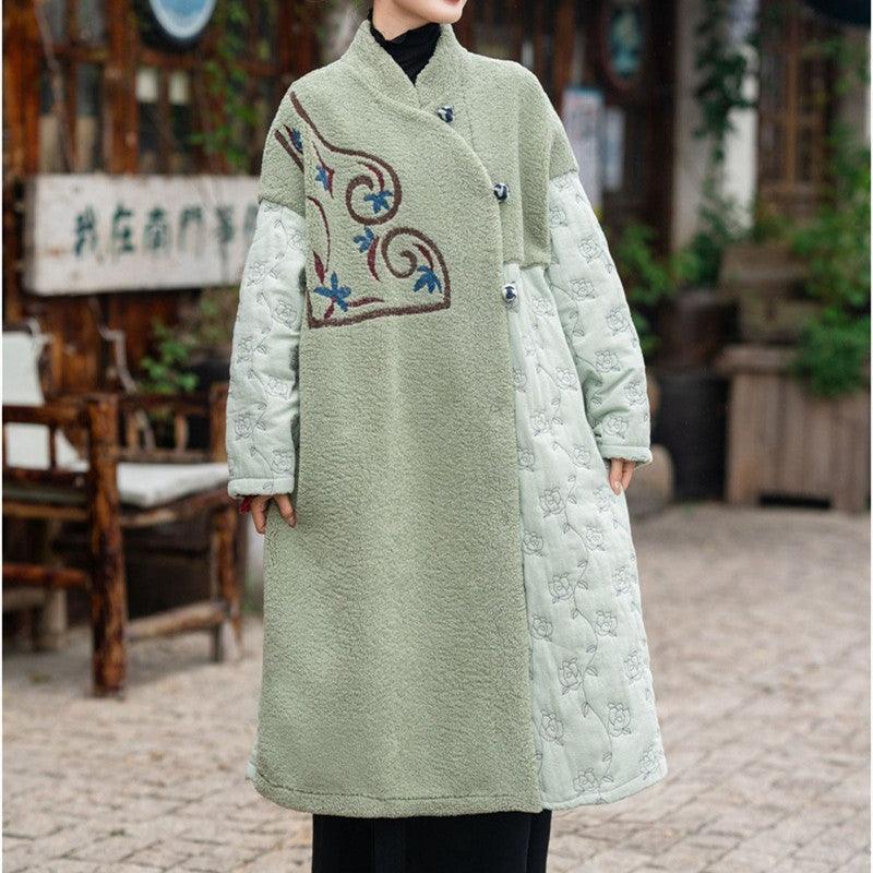 Women's light green cotton dress coat, full-length front with high collar and buttons