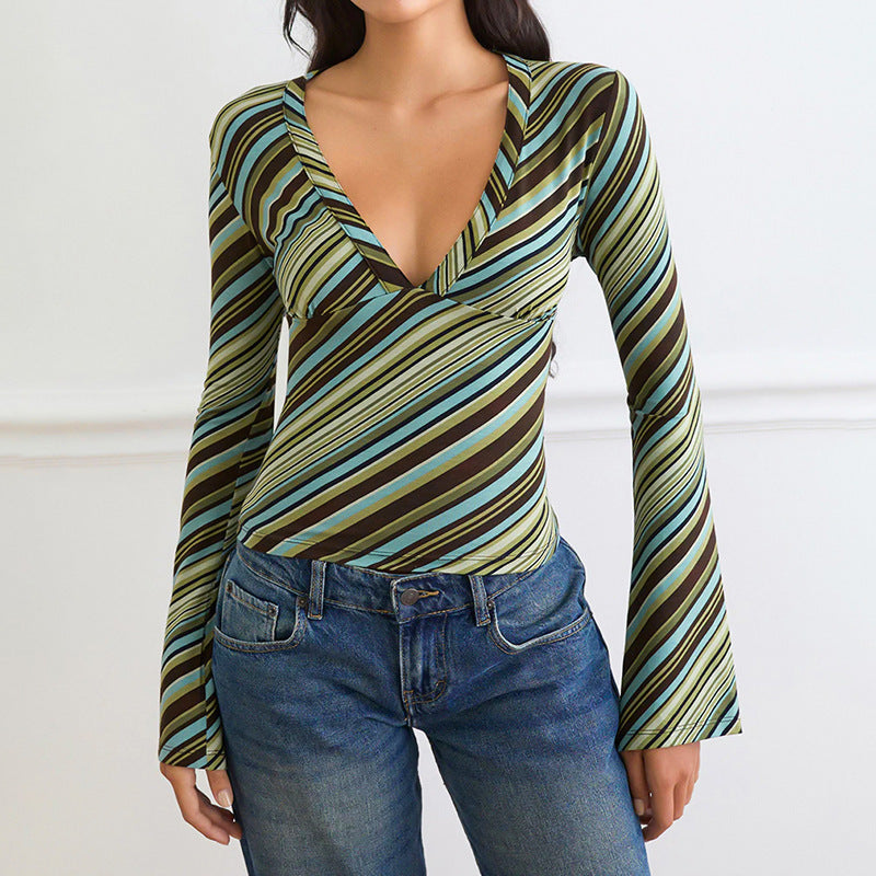 Green striped deep-V long-sleeve wrap-style top with cross-over neckline