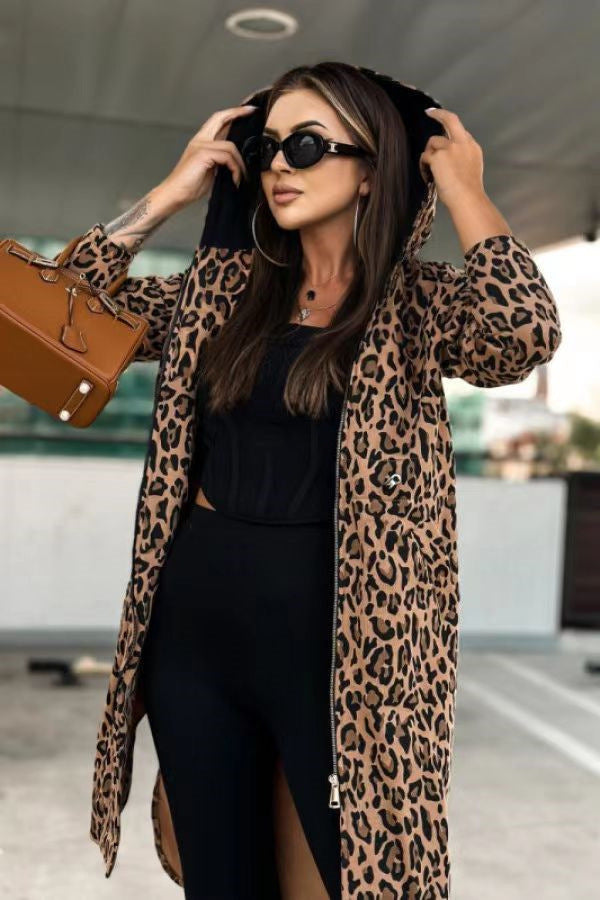 Women's Long-sleeved Hooded Floral Print Trench Coat