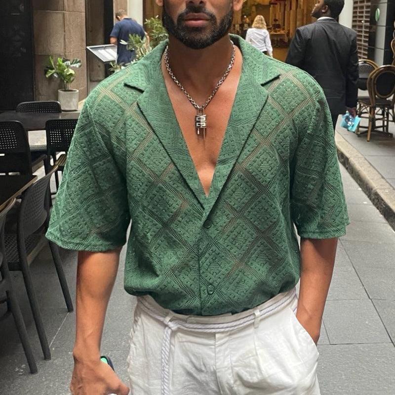 Green short-sleeve lapel casual shirt with textured hollow-out pattern, V neckline