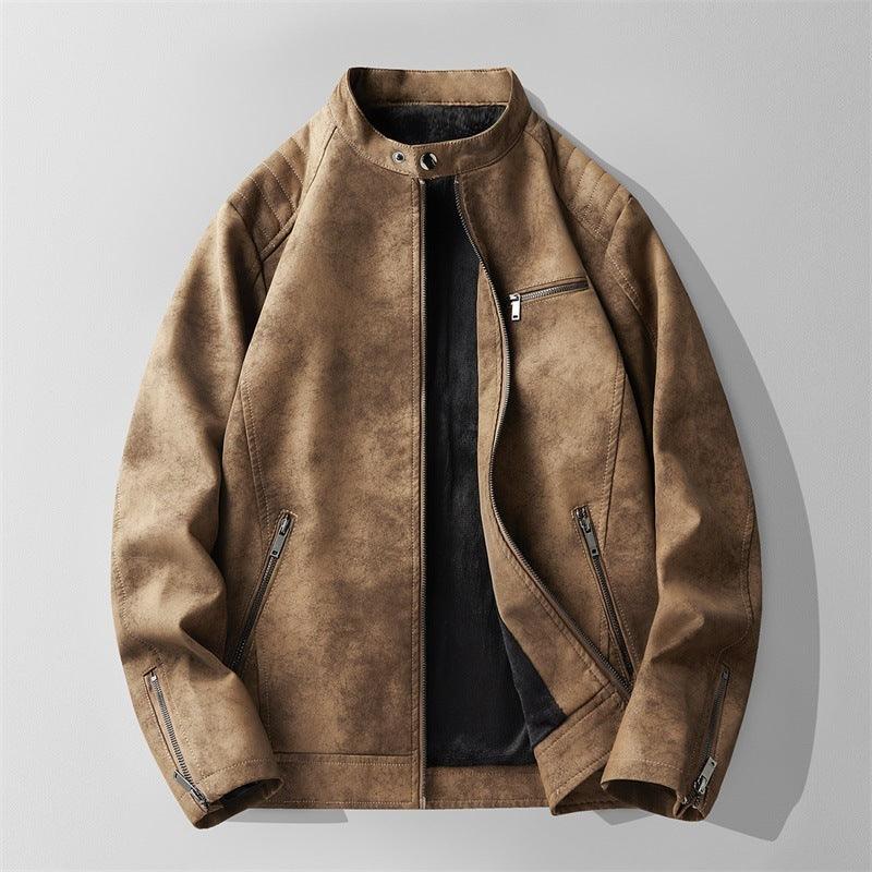 Men's fleece-lined stand collar leather jacket, brown, front zip with chest and side zips
