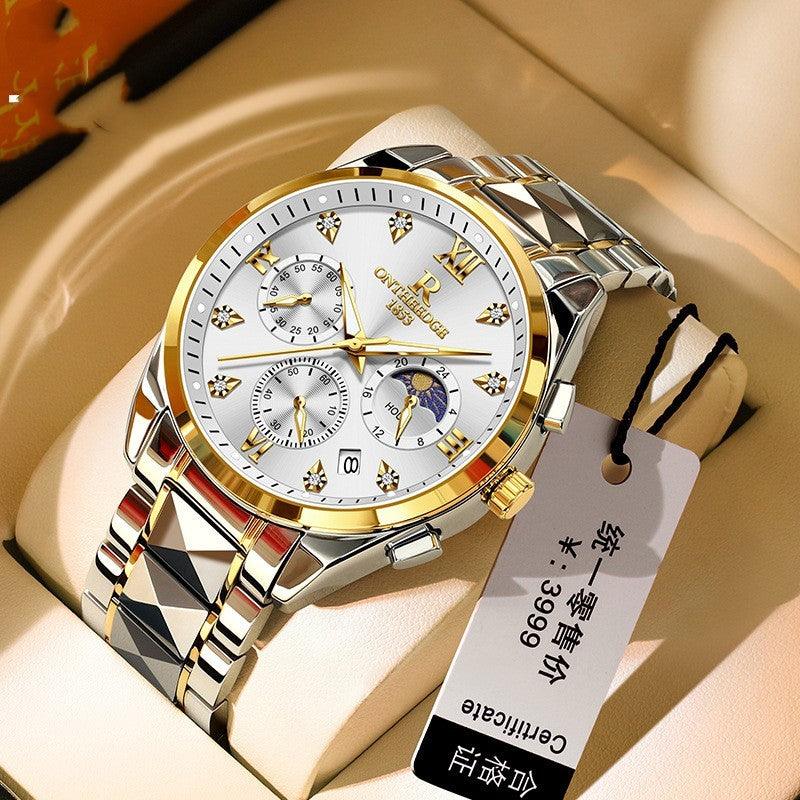 Men's business quartz watch with white dial, silver metal bracelet, gold accents