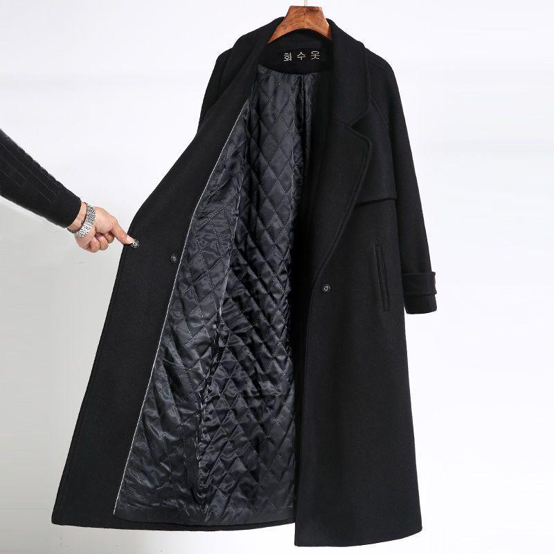 Women's black mid-length wool coat with quilted inner lining and button front