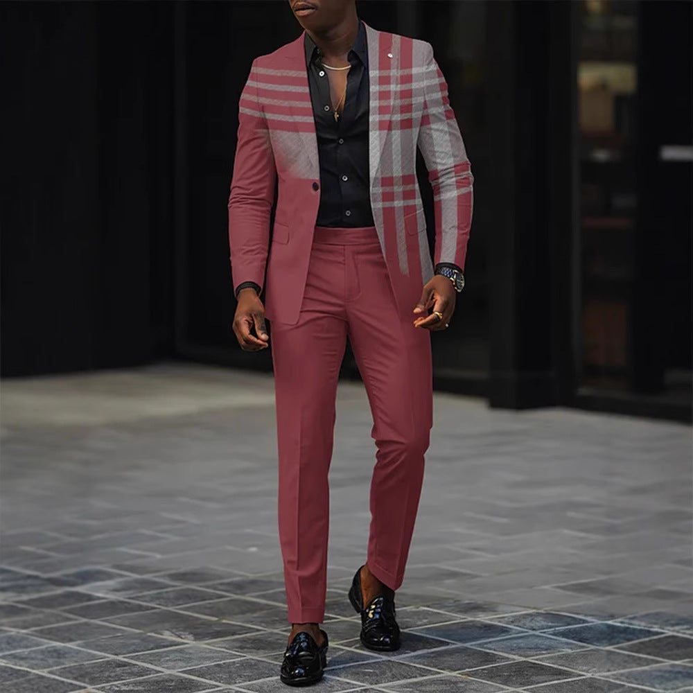 Slim-fit mens two-piece suit: burgundy jacket with plaid trim, matching burgundy trousers