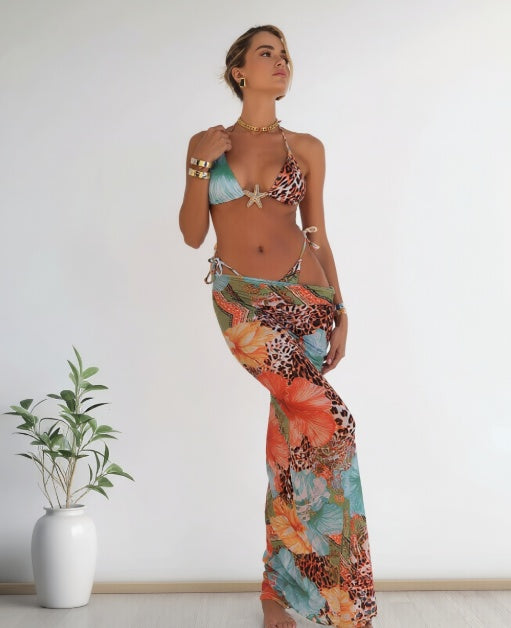 3-piece swim set with leopard floral triangle bikini and matching wrap pants in multicolor