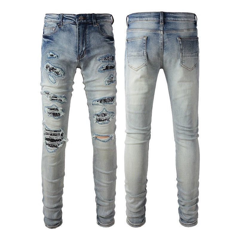 Light Color Printed Patch Elastic Slim Fitting Jeans For Men - WOMONA.COM