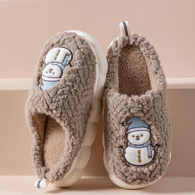 Brown-gray plush snowman slippers with embroidered snowman face and textured brown footbed
