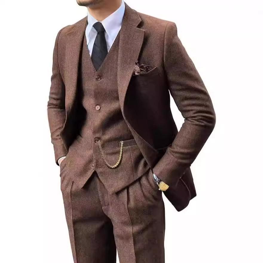 Men's slim fit herringbone suit in brown, 3-piece jacket, vest, and trousers