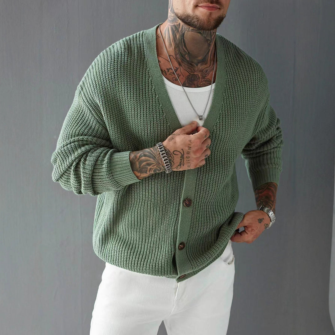 Green knit cardigan sweater, single-breasted V-neck with button front and long sleeves