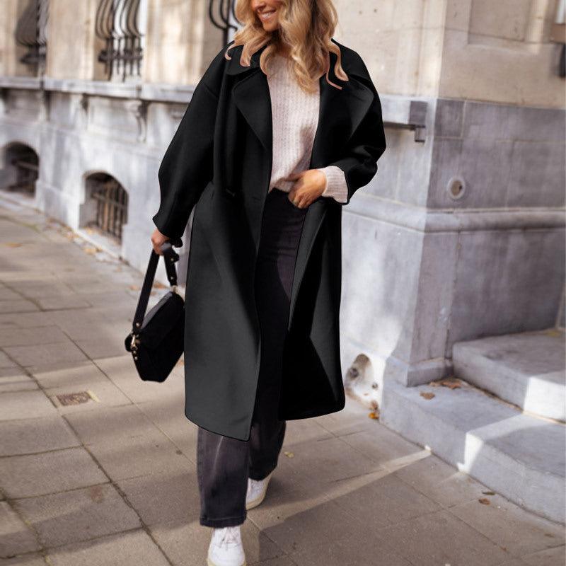 Black long woolen overcoat with wide collar and open front, long sleeves