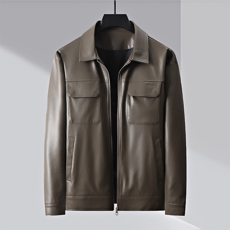 Men's lapel business casual jacket, dark taupe/coffee, zip-front with chest pockets