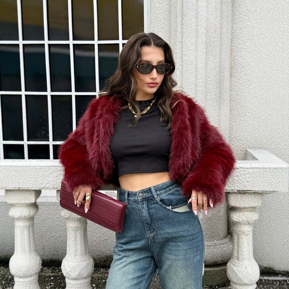 Wine red faux fur V-neck coat with long sleeves and cropped, open front