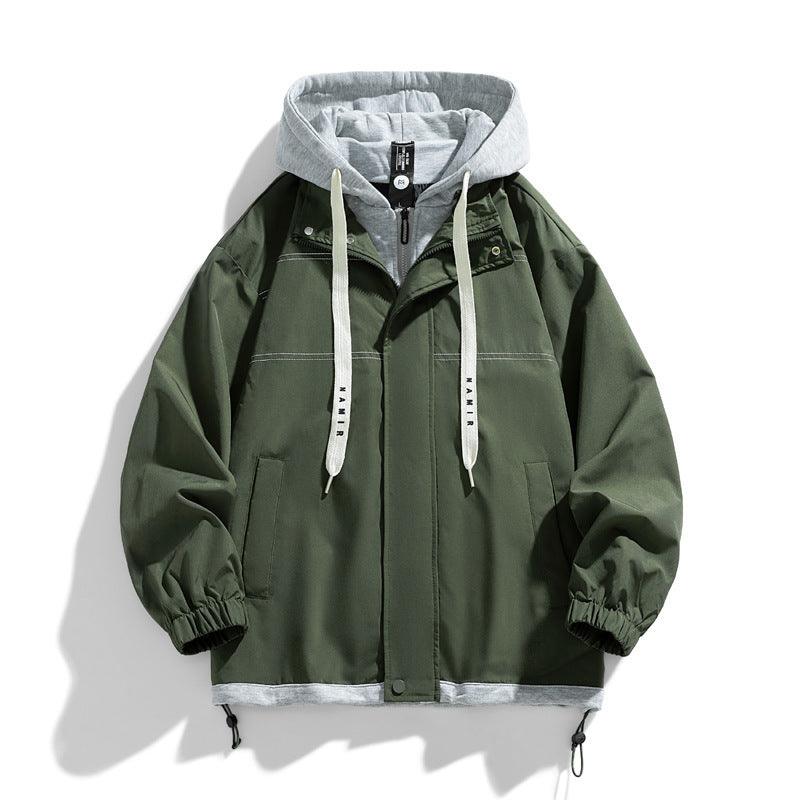 Hooded baseball jacket, dark green with light gray hood and front zipper
