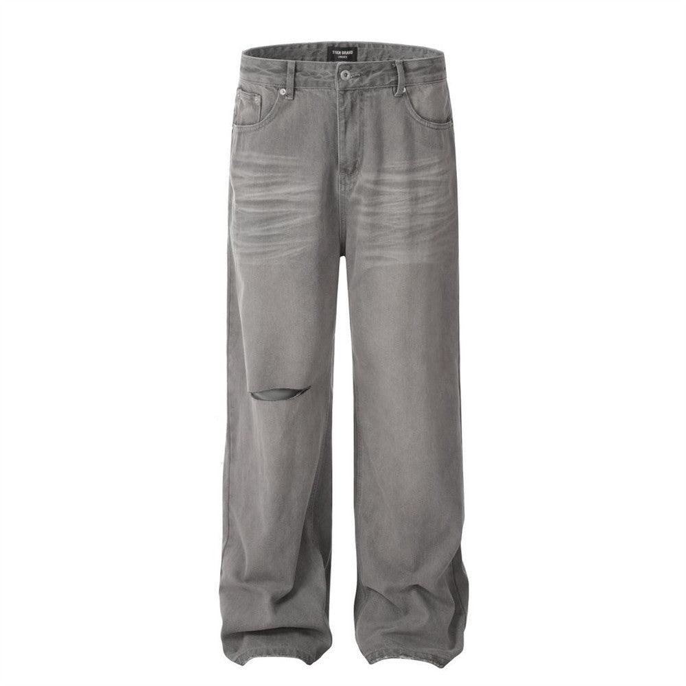Men's Ripped Wide-Leg Jeans in Washed Grey