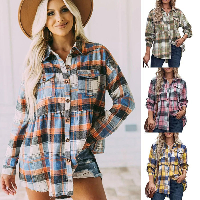 Women's colorful plaid casual button-up shirt