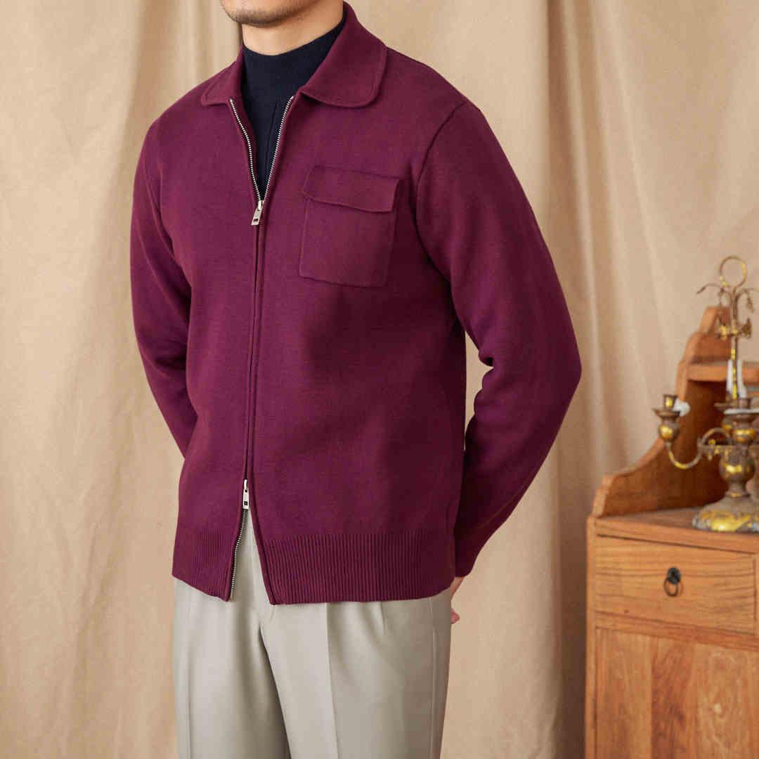 Purple knitted polo-collar cardigan coat with full zip and chest pocket, long sleeves