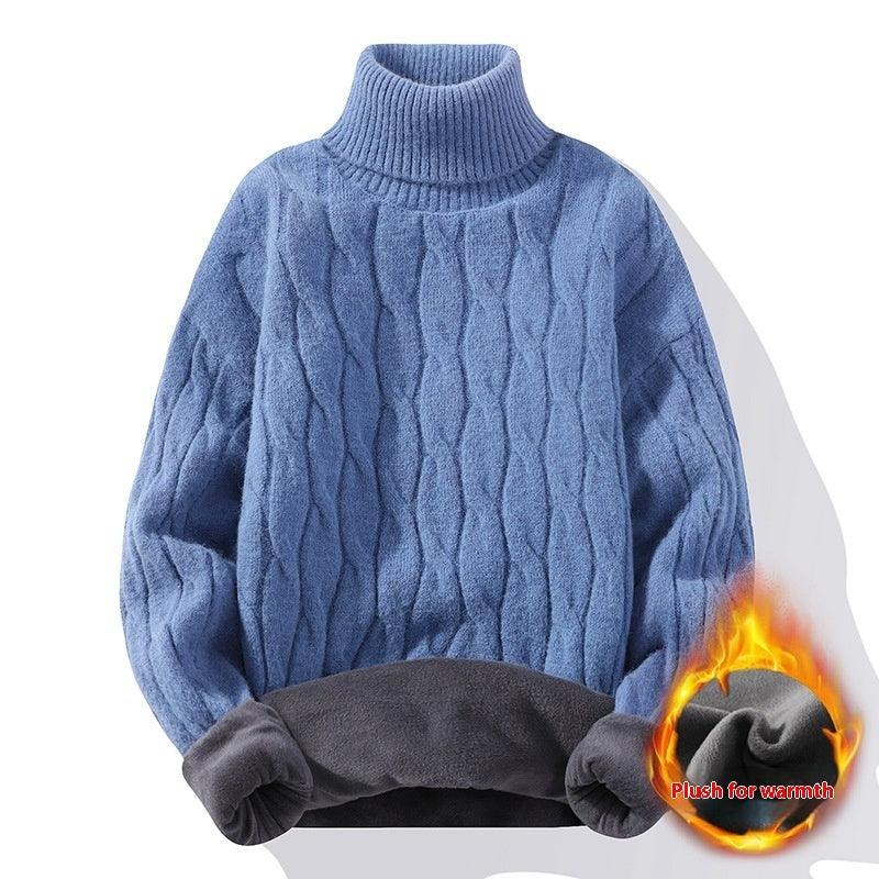 Blue cable-knit high-neck thermal sweater with gray fleece lining at cuffs and hem