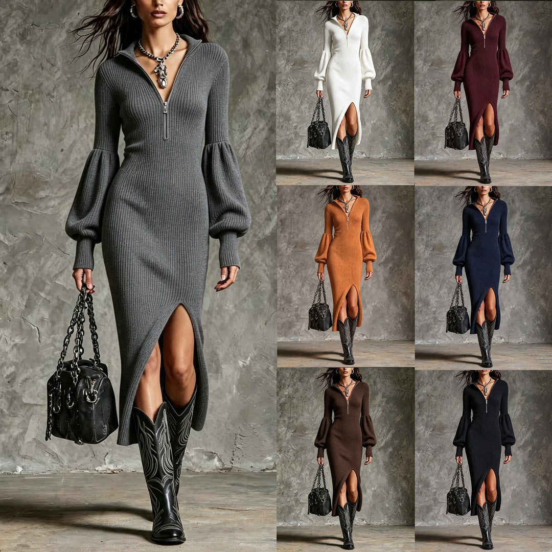 Women's Zip-Neck Lantern-Sleeve Knit Maxi Dress – product view 1 | WOMONA