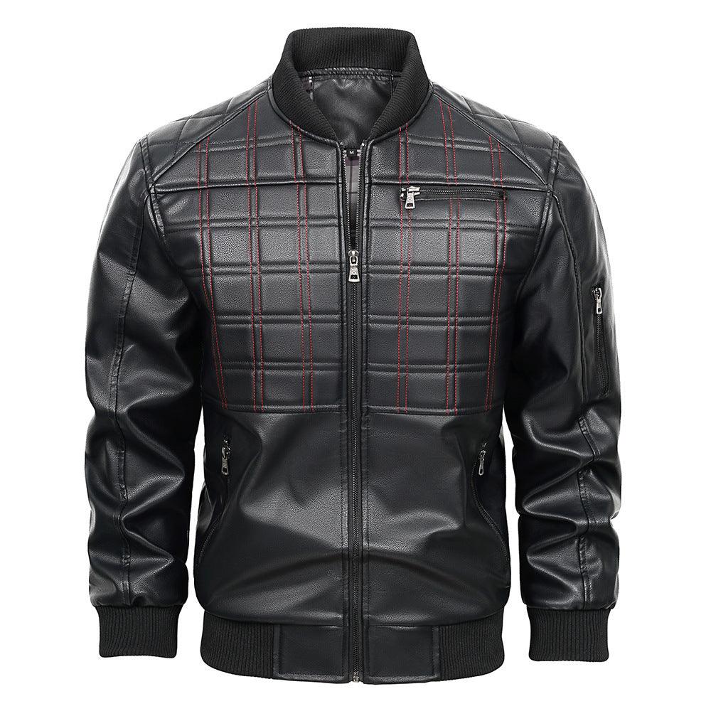 Black leather men’s jacket, full-zip, stand collar, ribbed cuffs, red plaid paneling