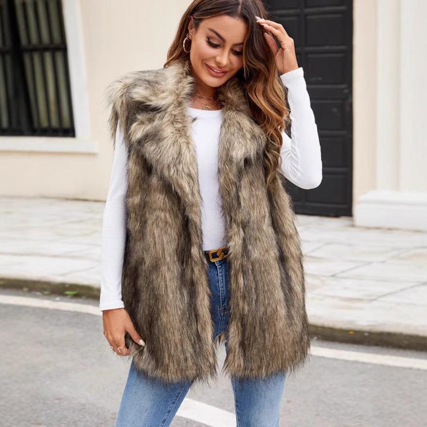 Faux fur sleeveless vest with open front, gray and white long-hair texture