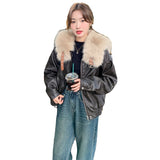 Real Shot Brown Rabbit Fur Liner Leather Jacket - WOMONA.COM