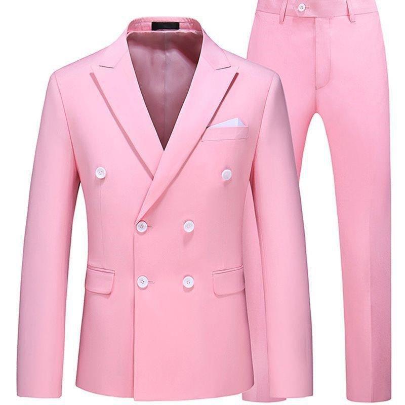 Men's 2-piece slim-fit suit set in light pink: double-breasted blazer and matching trousers