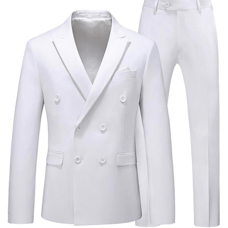 Men's 2-piece slim-fit suit set in white: double-breasted blazer and matching trousers
