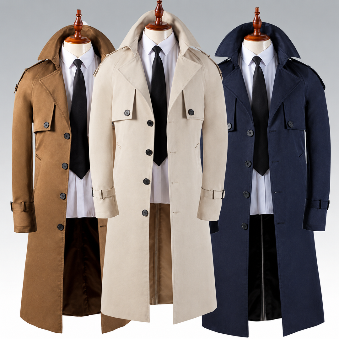 Men's extra-long trench coats in brown beige and navy