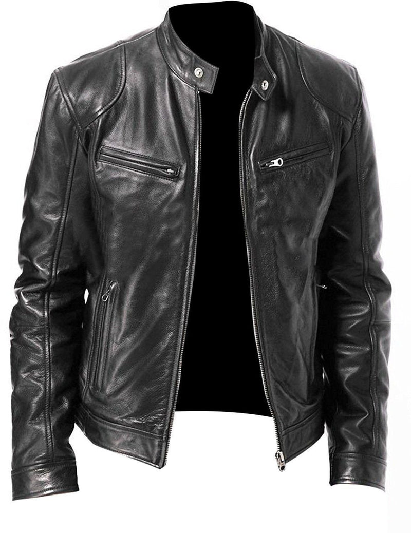 Pu Leather Collar Slim Leather Jacket - WOMONA.COM