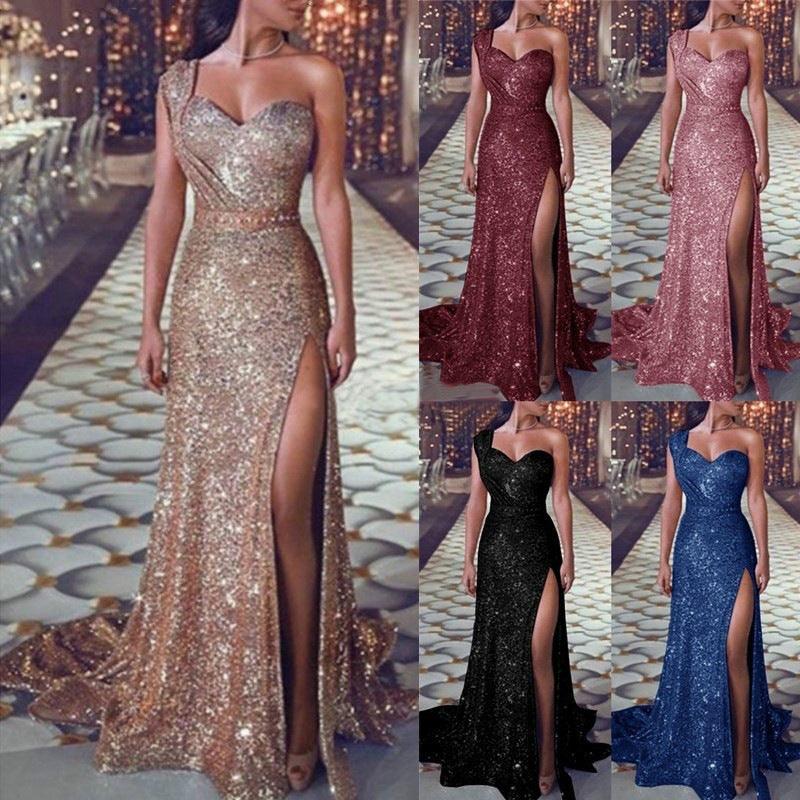 One-shoulder Sleeveless Bronzing Split Dress - WOMONA.COM