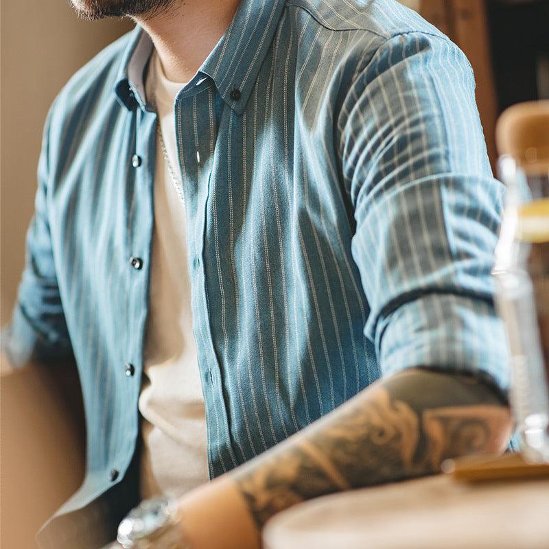 Men's blue vertical striped button-up shirt, brushed fabric, long sleeves