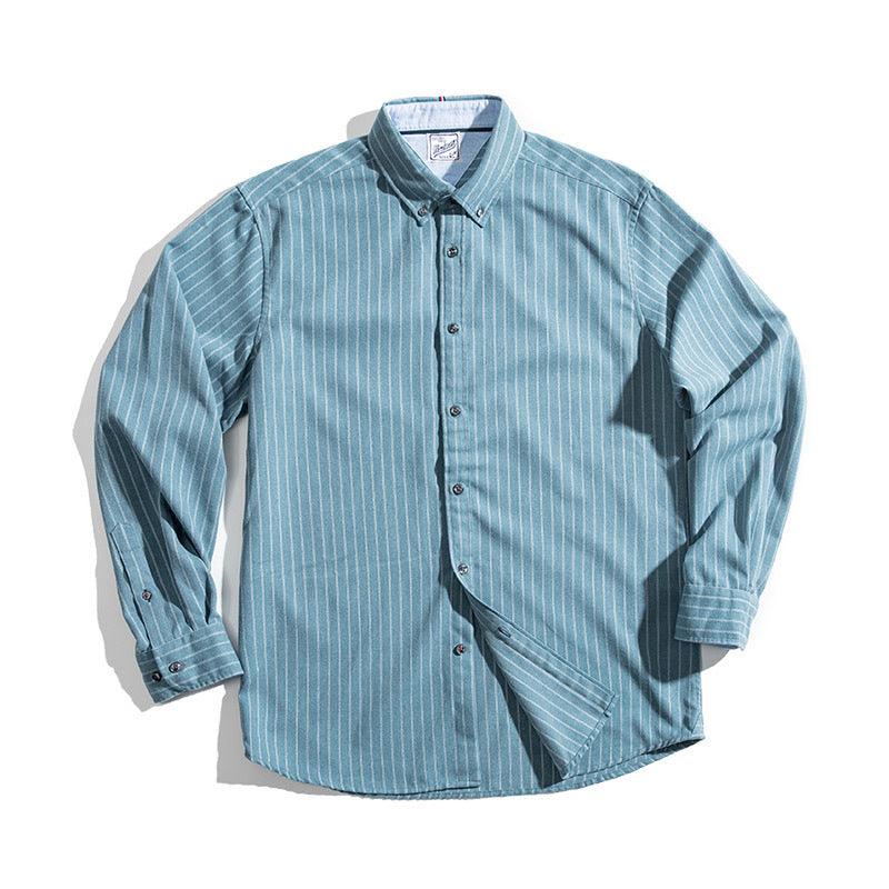 Blue vertical striped long-sleeve shirt with button-front placket and cuffs