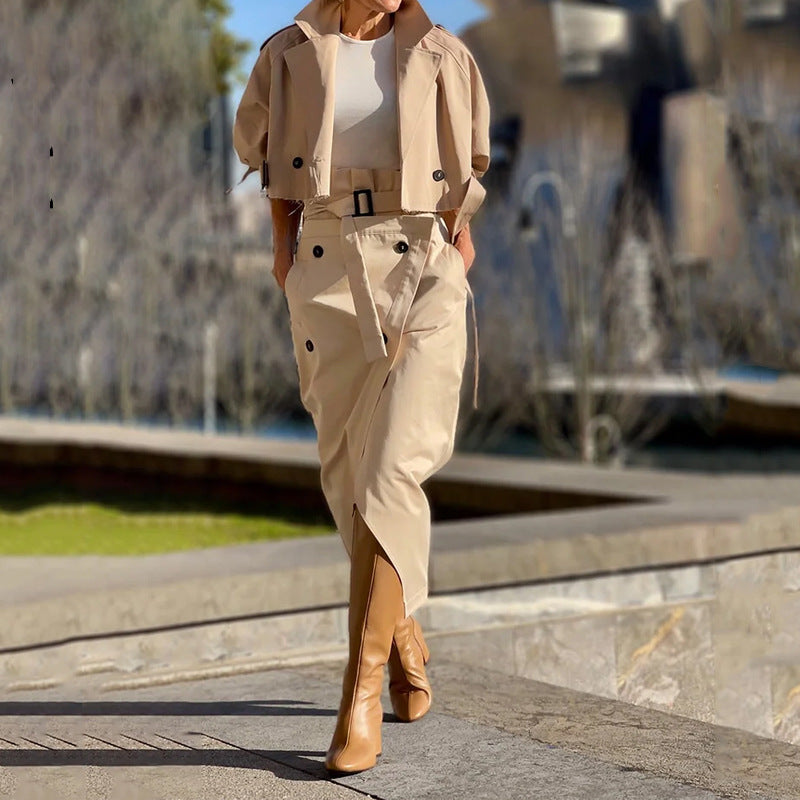 Light khaki button-front belt suit skirt with matching jacket, long sleeves, side slit