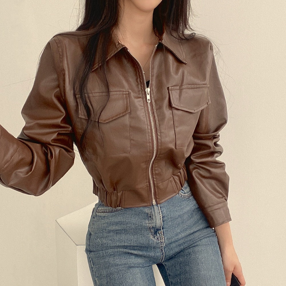 Women's double-pocket faux leather lapel jacket