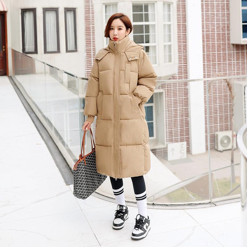 Beige long hooded quilted cotton-padded coat with front buttons and side pockets