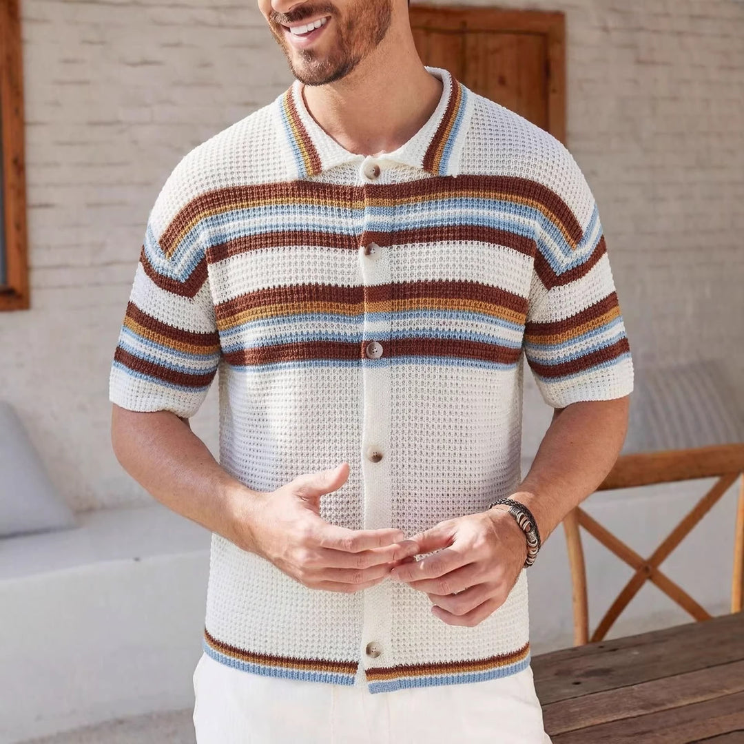Men's retro striped knit polo with button front, hollow-knit texture, white base