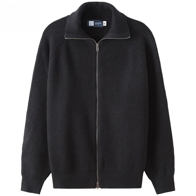 Men's Relaxed High-Neck Zip Cardigan, Black - product view 4
